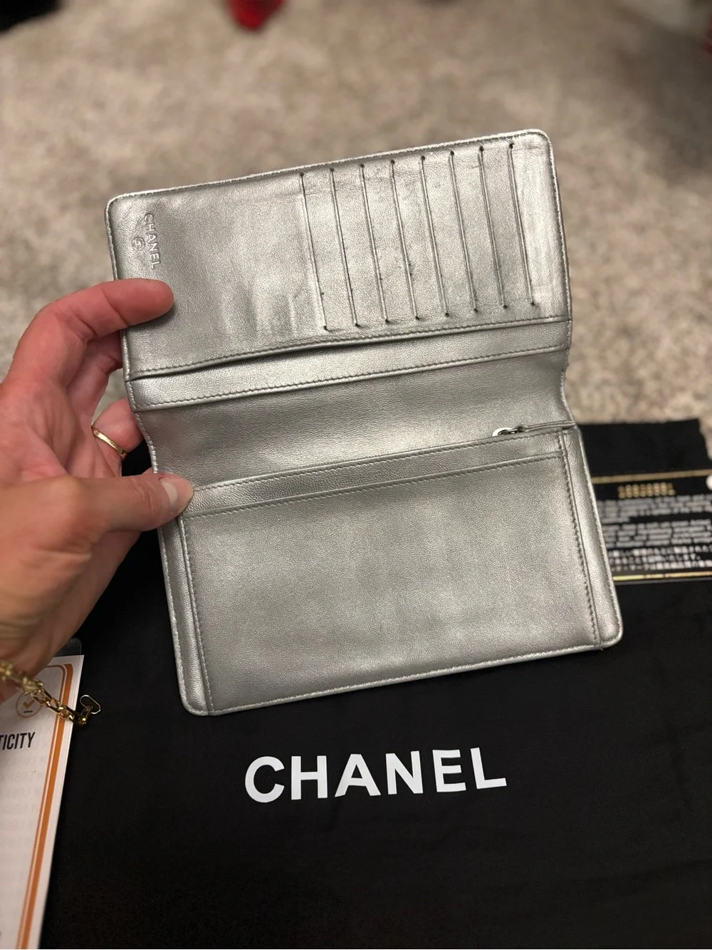CHANEL Black Quilted Camellia Leather Long Wallet with CC Emblem, VGUC!